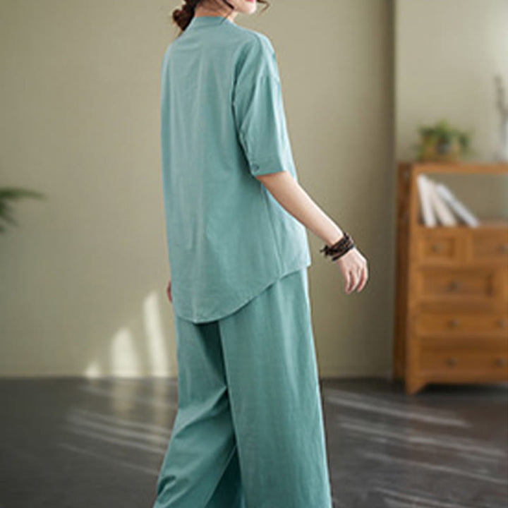 Buddha Stones 2Pcs Casual Solid Color Button Design Half Sleeve Shirt Wide Leg Pants With Pockets Cotton Zen Clothing Women's Set - image 12