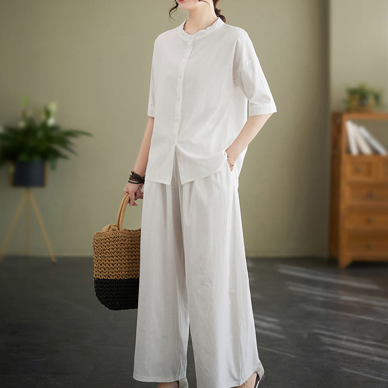 Buddha Stones 2Pcs Casual Solid Color Button Design Half Sleeve Shirt Wide Leg Pants With Pockets Cotton Zen Clothing Women's Set - image 2