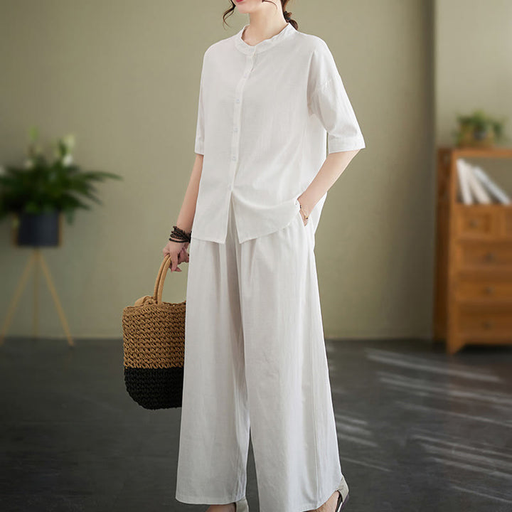 Buddha Stones 2Pcs Casual Solid Color Button Design Half Sleeve Shirt Wide Leg Pants With Pockets Cotton Zen Clothing Women's Set - image 2