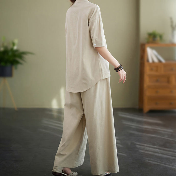 Buddha Stones 2Pcs Casual Solid Color Button Design Half Sleeve Shirt Wide Leg Pants With Pockets Cotton Zen Clothing Women's Set - image 19