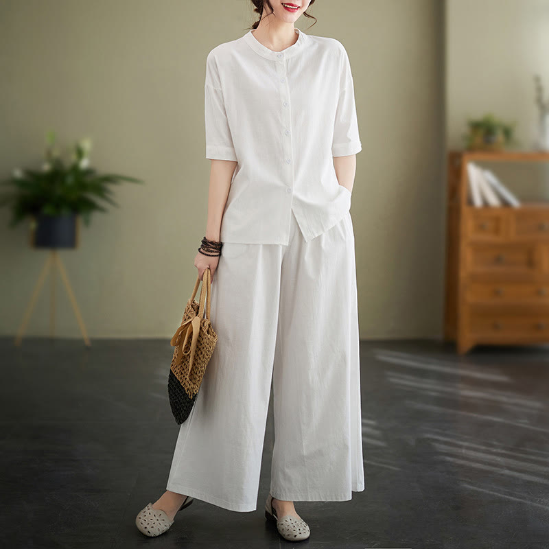 Buddha Stones 2Pcs Casual Solid Color Button Design Half Sleeve Shirt Wide Leg Pants With Pockets Cotton Zen Clothing Women's Set - White - US8-10，UK/AU12-14，EU40-42 (2XL) - image 1