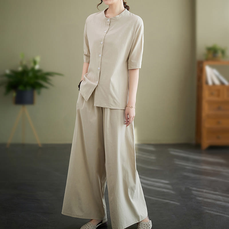 Buddha Stones 2Pcs Casual Solid Color Button Design Half Sleeve Shirt Wide Leg Pants With Pockets Cotton Zen Clothing Women's Set - image 18