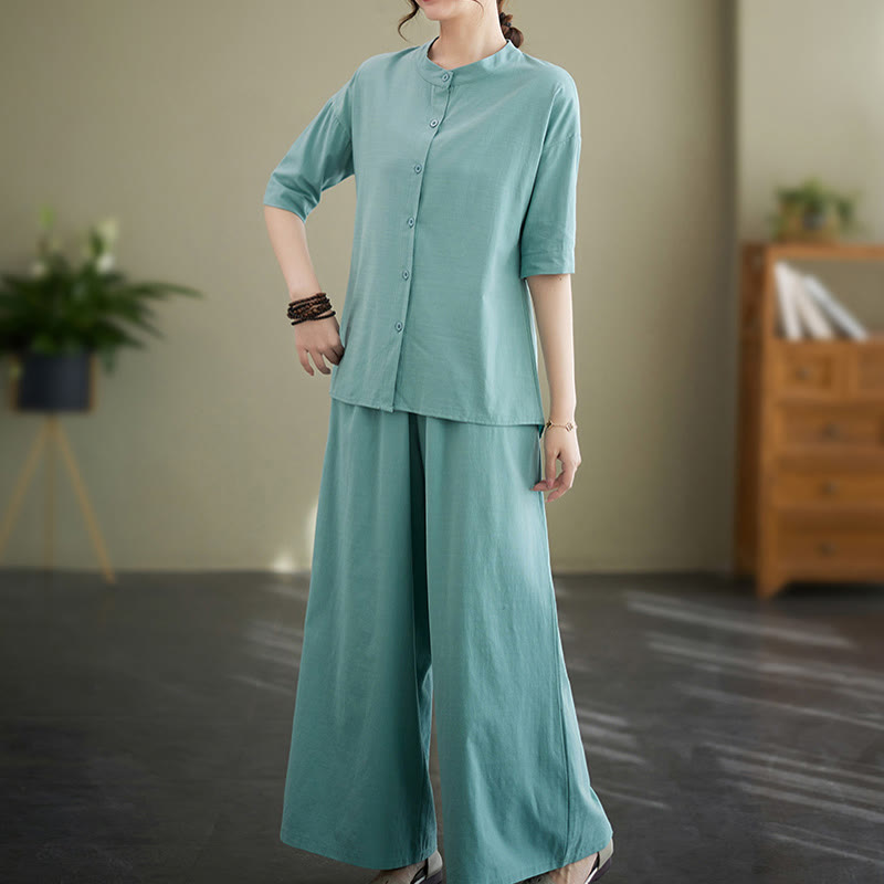 Buddha Stones 2Pcs Casual Solid Color Button Design Half Sleeve Shirt Wide Leg Pants With Pockets Cotton Zen Clothing Women's Set - image 11