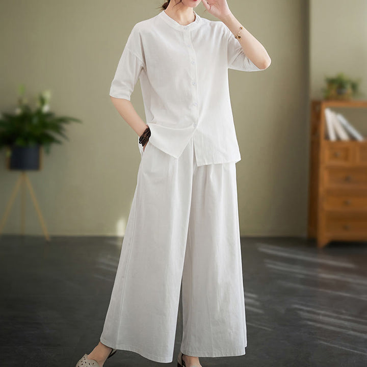 Buddha Stones 2Pcs Casual Solid Color Button Design Half Sleeve Shirt Wide Leg Pants With Pockets Cotton Zen Clothing Women's Set - image 3