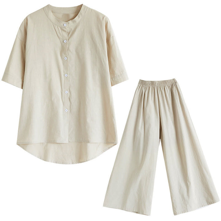 Buddha Stones 2Pcs Casual Solid Color Button Design Half Sleeve Shirt Wide Leg Pants With Pockets Cotton Zen Clothing Women's Set - image 31