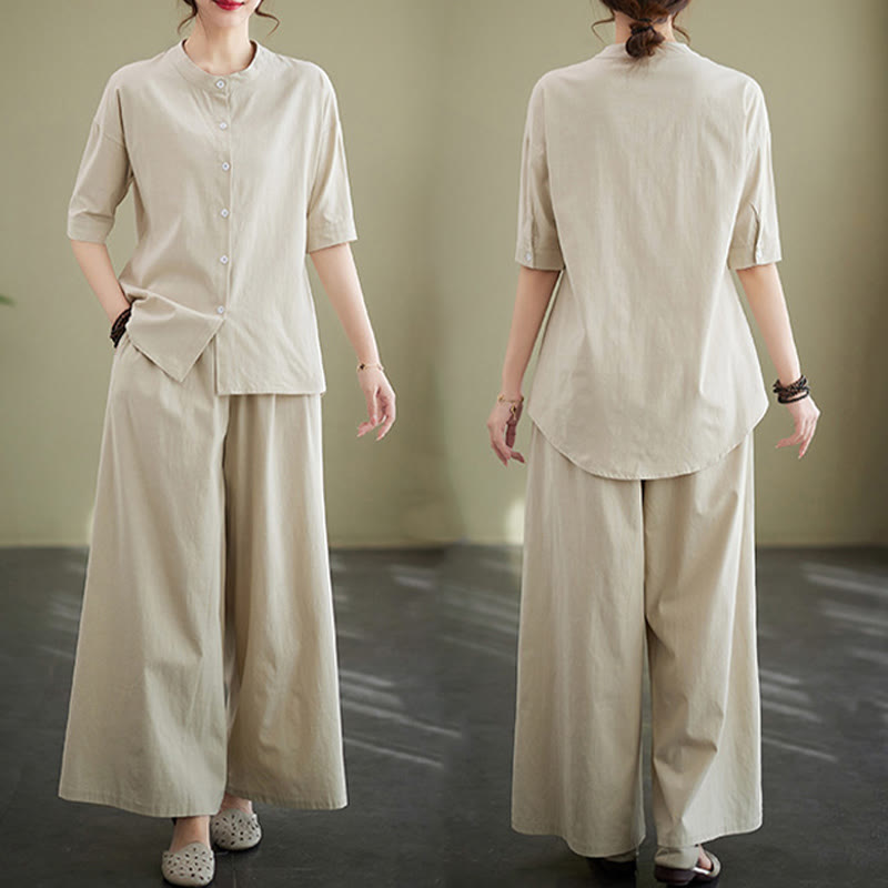 Buddha Stones 2Pcs Casual Solid Color Button Design Half Sleeve Shirt Wide Leg Pants With Pockets Cotton Zen Clothing Women's Set - image 30