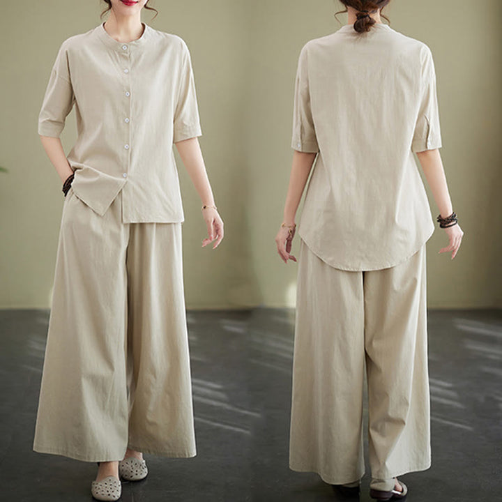 Buddha Stones 2Pcs Casual Solid Color Button Design Half Sleeve Shirt Wide Leg Pants With Pockets Cotton Zen Clothing Women's Set - image 30