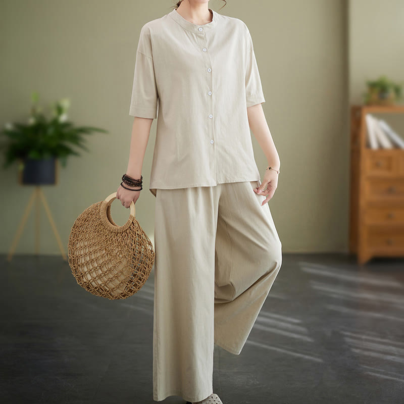 Buddha Stones 2Pcs Casual Solid Color Button Design Half Sleeve Shirt Wide Leg Pants With Pockets Cotton Zen Clothing Women's Set - image 20