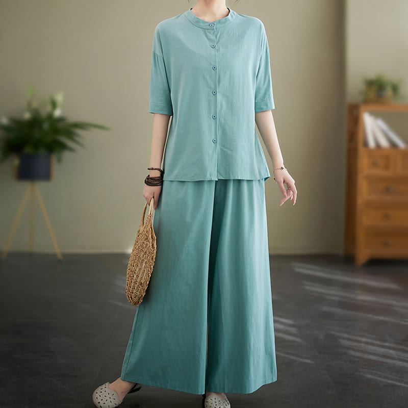 Buddha Stones 2Pcs Casual Solid Color Button Design Half Sleeve Shirt Wide Leg Pants With Pockets Cotton Zen Clothing Women's Set - image 10