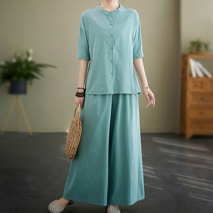 Buddha Stones 2Pcs Casual Solid Color Button Design Half Sleeve Shirt Wide Leg Pants With Pockets Cotton Zen Clothing Women's Set - image 10