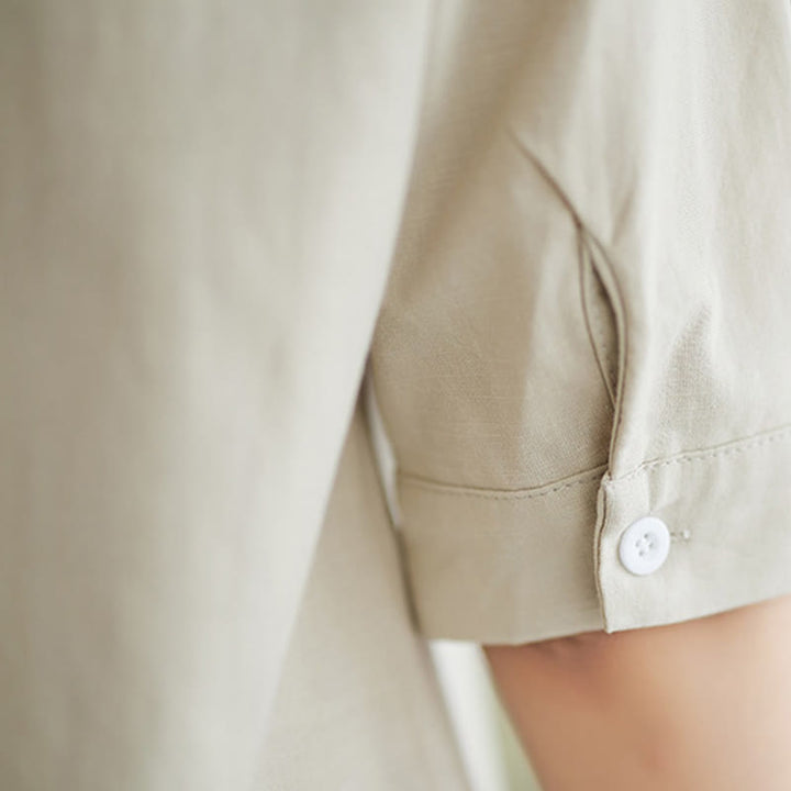 Buddha Stones 2Pcs Casual Solid Color Button Design Half Sleeve Shirt Wide Leg Pants With Pockets Cotton Zen Clothing Women's Set - image 24