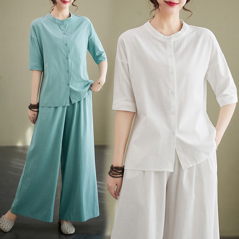 Buddha Stones 2Pcs Casual Solid Color Button Design Half Sleeve Shirt Wide Leg Pants With Pockets Cotton Zen Clothing Women's Set - image 16