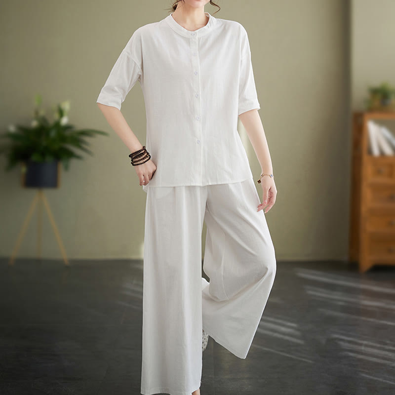 Buddha Stones 2Pcs Casual Solid Color Button Design Half Sleeve Shirt Wide Leg Pants With Pockets Cotton Zen Clothing Women's Set - image 4