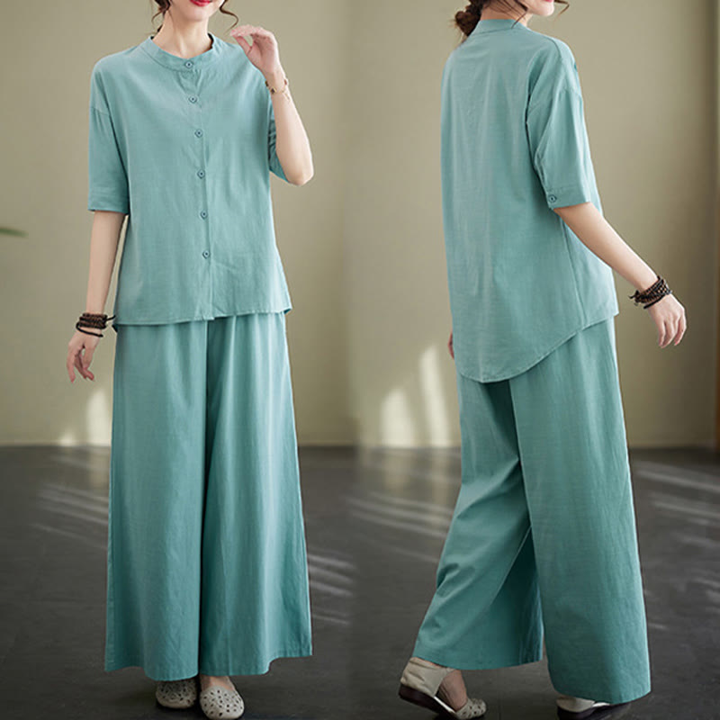 Buddha Stones 2Pcs Casual Solid Color Button Design Half Sleeve Shirt Wide Leg Pants With Pockets Cotton Zen Clothing Women's Set - image 14