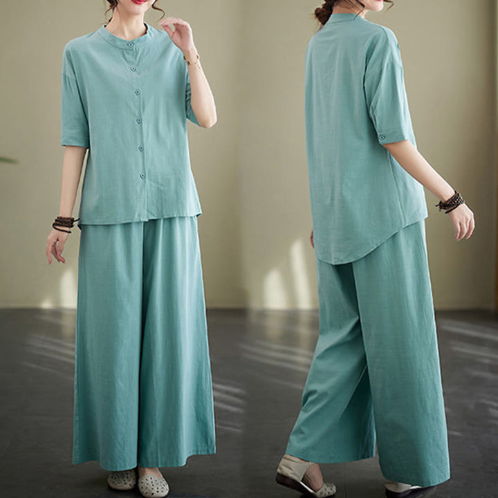 Buddha Stones 2Pcs Casual Solid Color Button Design Half Sleeve Shirt Wide Leg Pants With Pockets Cotton Zen Clothing Women's Set - image 14