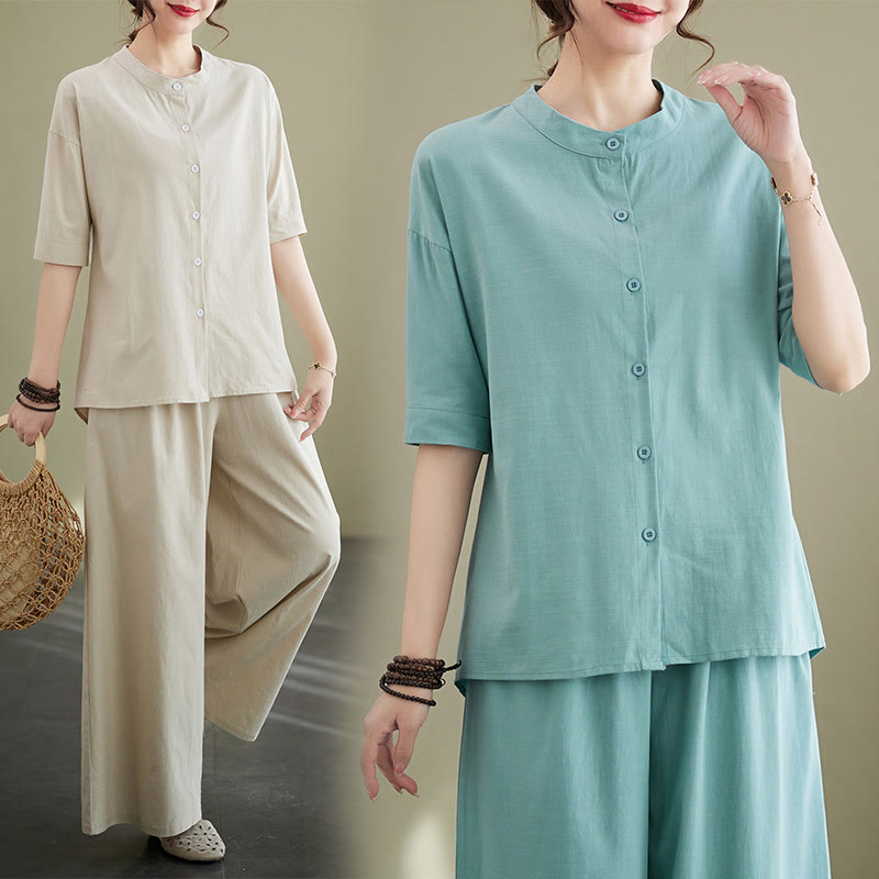 Buddha Stones 2Pcs Casual Solid Color Button Design Half Sleeve Shirt Wide Leg Pants With Pockets Cotton Zen Clothing Women's Set - image 14