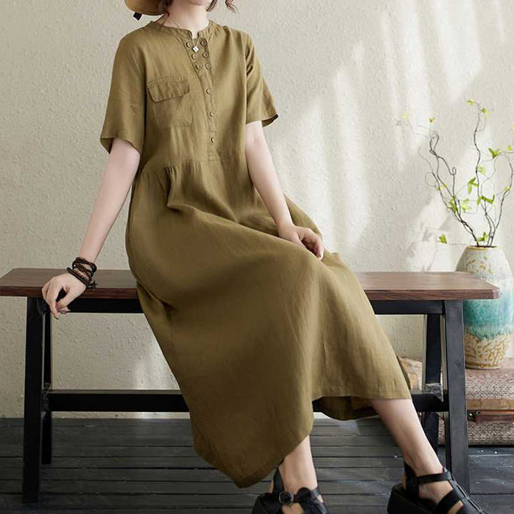 Buddha Stones Stand Collar Buttons Design Linen Short Sleeve Midi Dress With Pockets - image 9