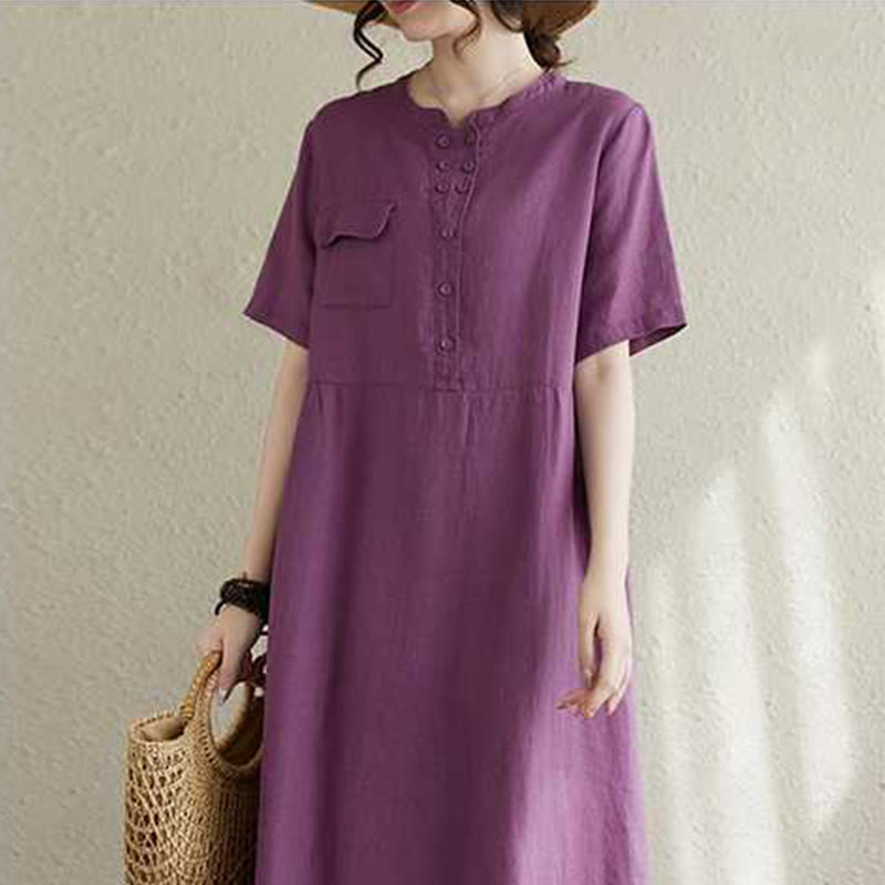 Buddha Stones Stand Collar Buttons Design Linen Short Sleeve Midi Dress With Pockets - image 3