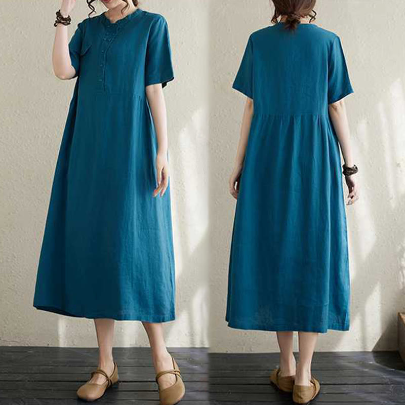 Buddha Stones Stand Collar Buttons Design Linen Short Sleeve Midi Dress With Pockets - image 25