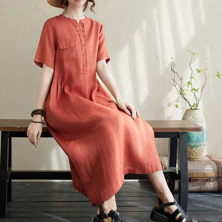 Buddha Stones Stand Collar Buttons Design Linen Short Sleeve Midi Dress With Pockets - image 13