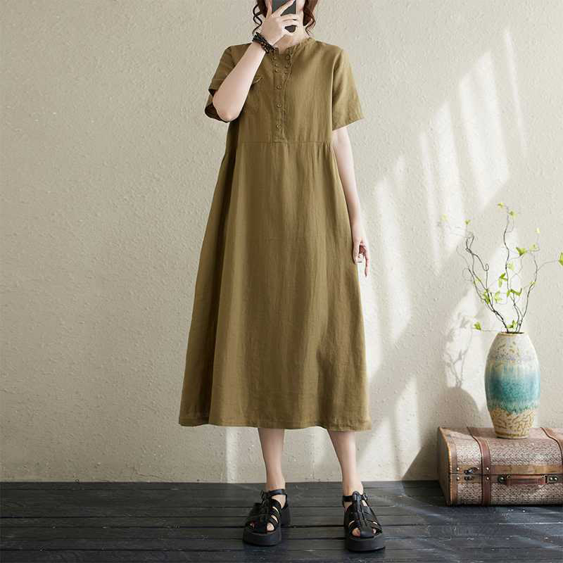 Buddha Stones Stand Collar Buttons Design Linen Short Sleeve Midi Dress With Pockets - OliveDrab - US8-10，UK/AU12-14，EU40-42 (2XL) - image 6