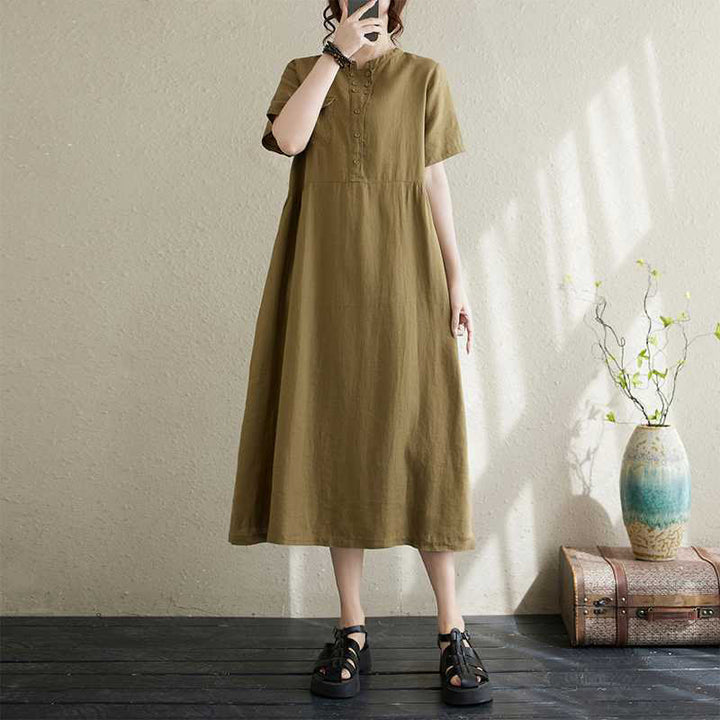 Buddha Stones Stand Collar Buttons Design Linen Short Sleeve Midi Dress With Pockets - OliveDrab - US8-10，UK/AU12-14，EU40-42 (2XL) - image 6