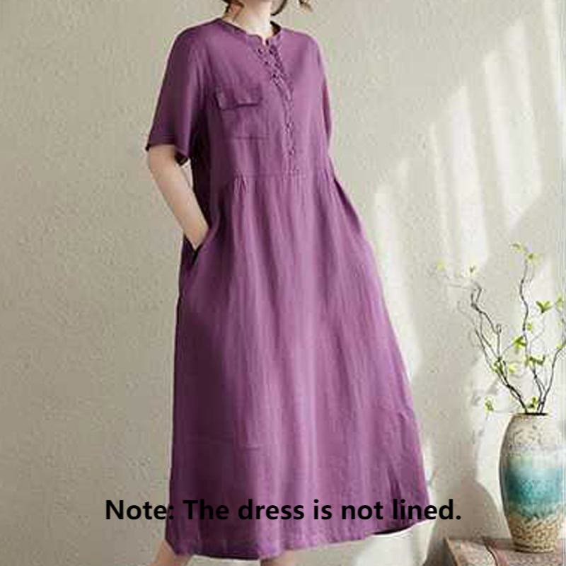 Buddha Stones Stand Collar Buttons Design Linen Short Sleeve Midi Dress With Pockets - image 2