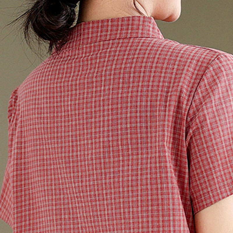 Buddha Stones Plaid Short Sleeve Frog-Button Design Cotton Linen Improved Cheongsam Midi Dress - image 6