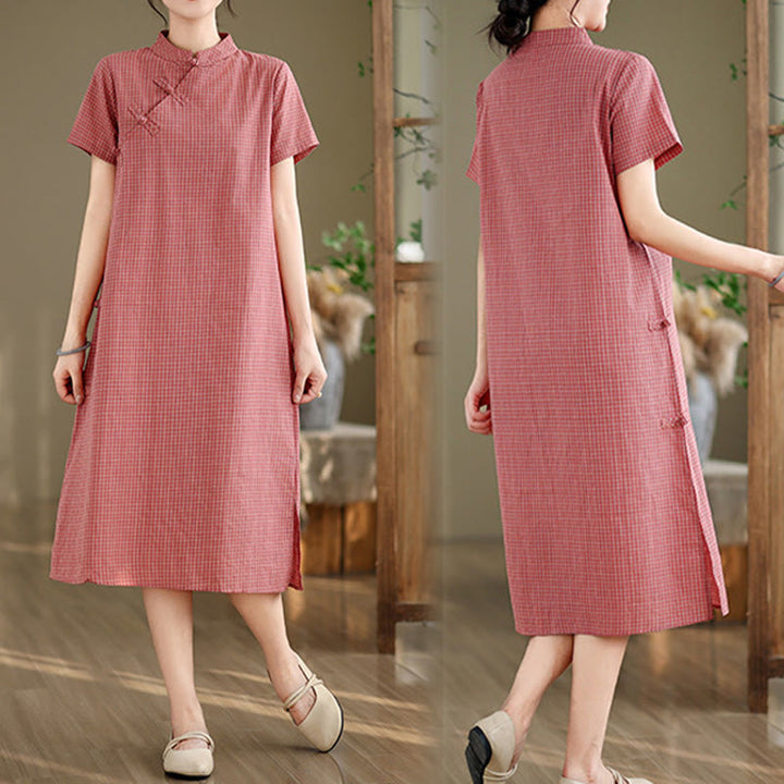 Buddha Stones Plaid Short Sleeve Frog-Button Design Cotton Linen Improved Cheongsam Midi Dress - image 9