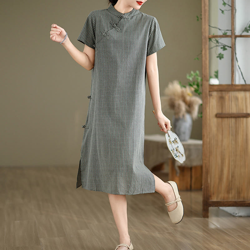 Buddha Stones Plaid Short Sleeve Frog-Button Design Cotton Linen Improved Cheongsam Midi Dress - image 13