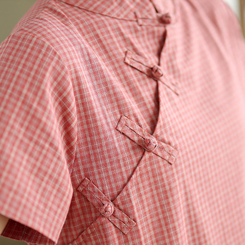 Buddha Stones Plaid Short Sleeve Frog-Button Design Cotton Linen Improved Cheongsam Midi Dress - image 7