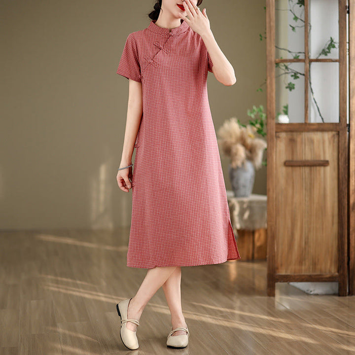 Buddha Stones Plaid Short Sleeve Frog-Button Design Cotton Linen Improved Cheongsam Midi Dress - image 3