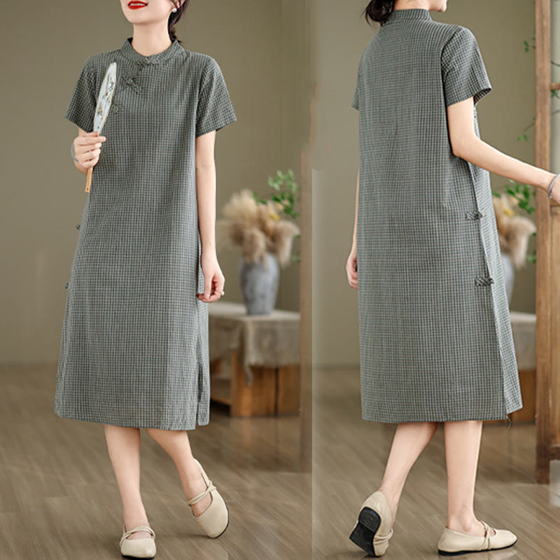 Buddha Stones Plaid Short Sleeve Frog-Button Design Cotton Linen Improved Cheongsam Midi Dress - image 14