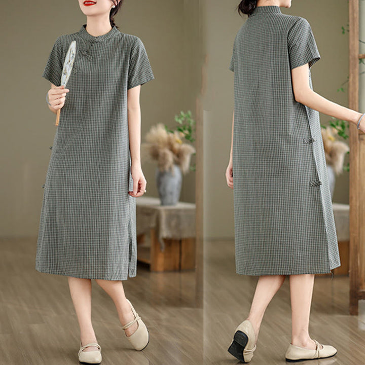 Buddha Stones Plaid Short Sleeve Frog-Button Design Cotton Linen Improved Cheongsam Midi Dress - image 14