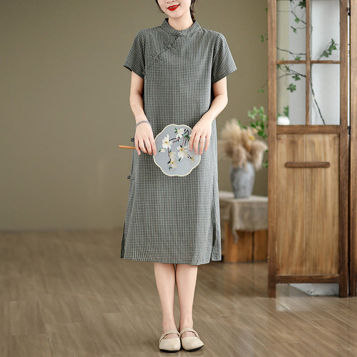 Buddha Stones Plaid Short Sleeve Frog-Button Design Cotton Linen Improved Cheongsam Midi Dress - Gray - US8-10，UK/AU12-14，EU40-42 (2XL) - image 9