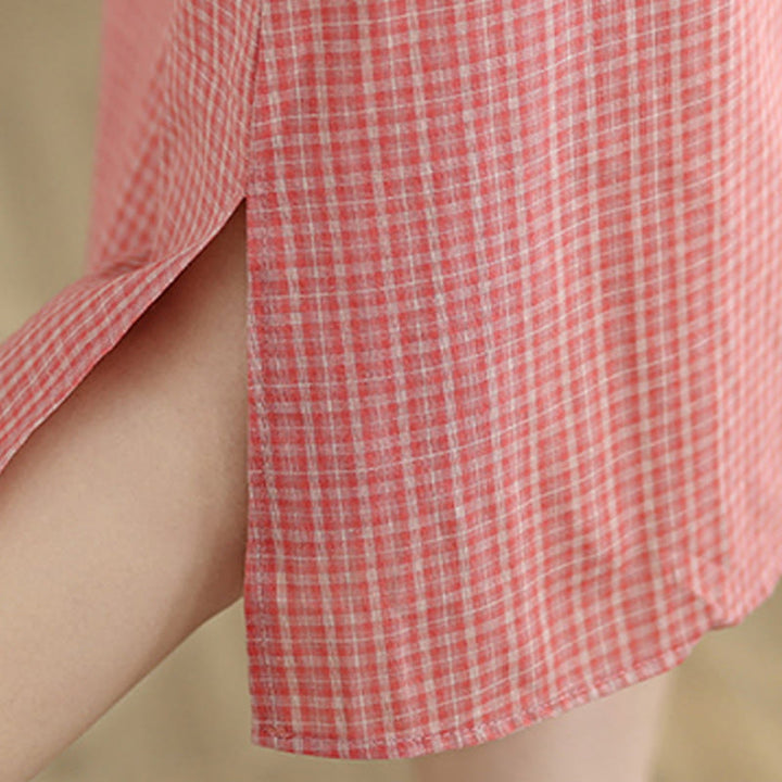 Buddha Stones Plaid Short Sleeve Frog-Button Design Cotton Linen Improved Cheongsam Midi Dress - image 8