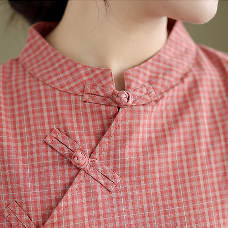Buddha Stones Plaid Short Sleeve Frog-Button Design Cotton Linen Improved Cheongsam Midi Dress - image 5