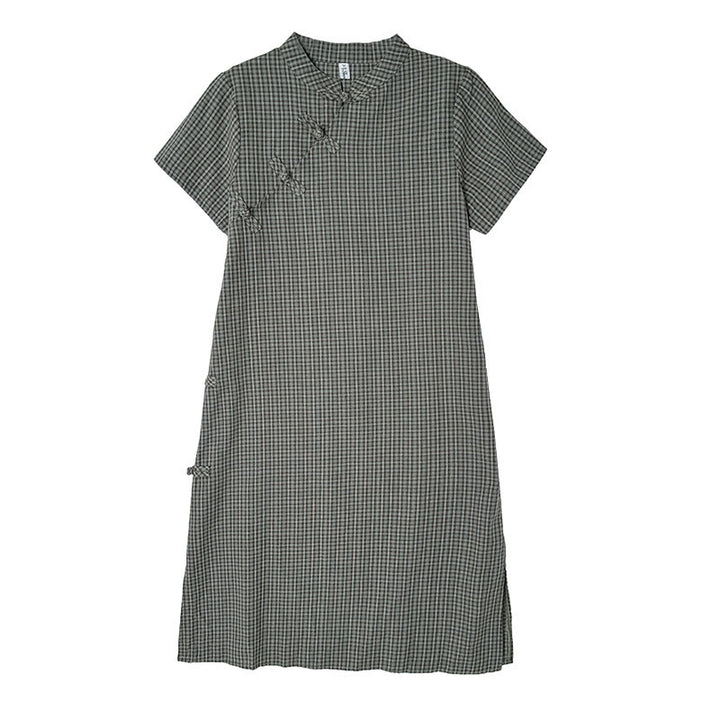 Buddha Stones Plaid Short Sleeve Frog-Button Design Cotton Linen Improved Cheongsam Midi Dress - image 14