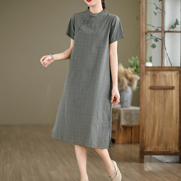 Buddha Stones Plaid Short Sleeve Frog-Button Design Cotton Linen Improved Cheongsam Midi Dress - image 12