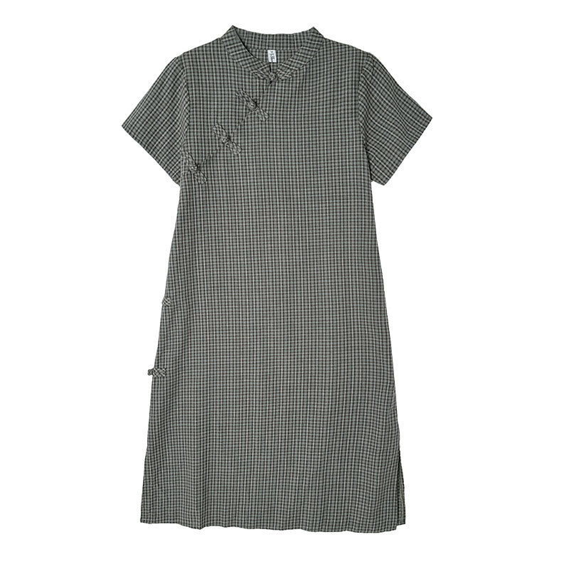 Buddha Stones Plaid Short Sleeve Frog-Button Design Cotton Linen Improved Cheongsam Midi Dress - image 15