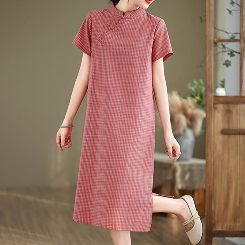 Buddha Stones Plaid Short Sleeve Frog-Button Design Cotton Linen Improved Cheongsam Midi Dress - image 4