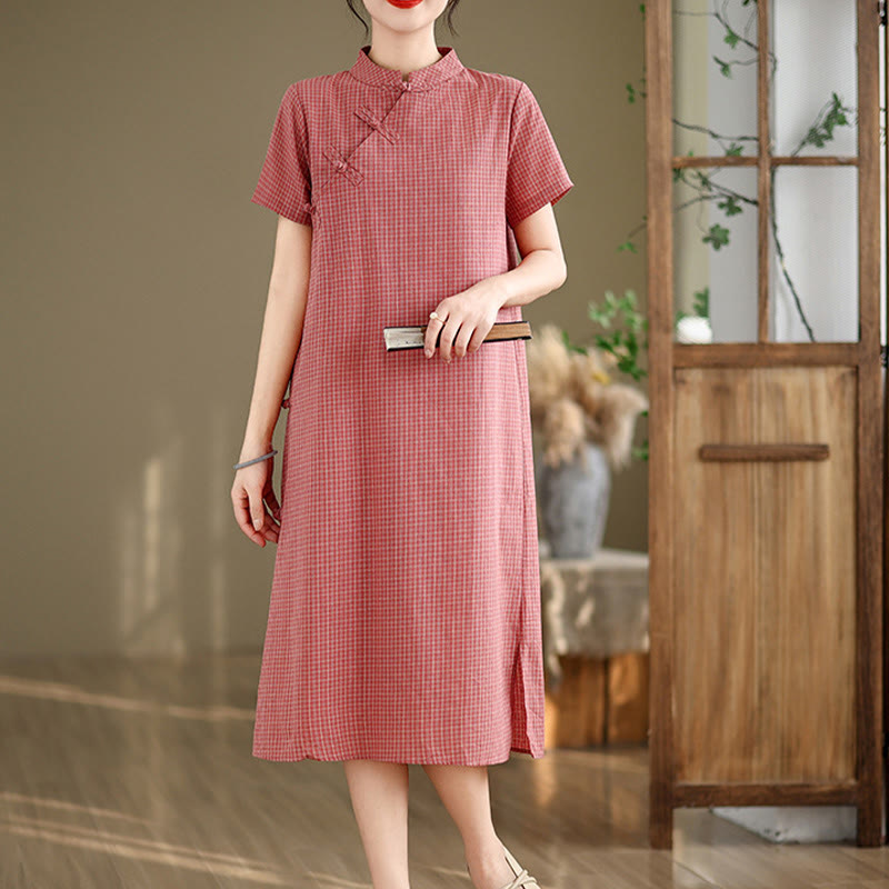 Buddha Stones Plaid Short Sleeve Frog-Button Design Cotton Linen Improved Cheongsam Midi Dress - Salmon - US8-10，UK/AU12-14，EU40-42 (2XL) - image 1