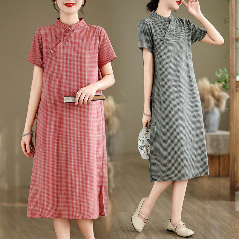 Buddha Stones Plaid Short Sleeve Frog-Button Design Cotton Linen Improved Cheongsam Midi Dress - image 15