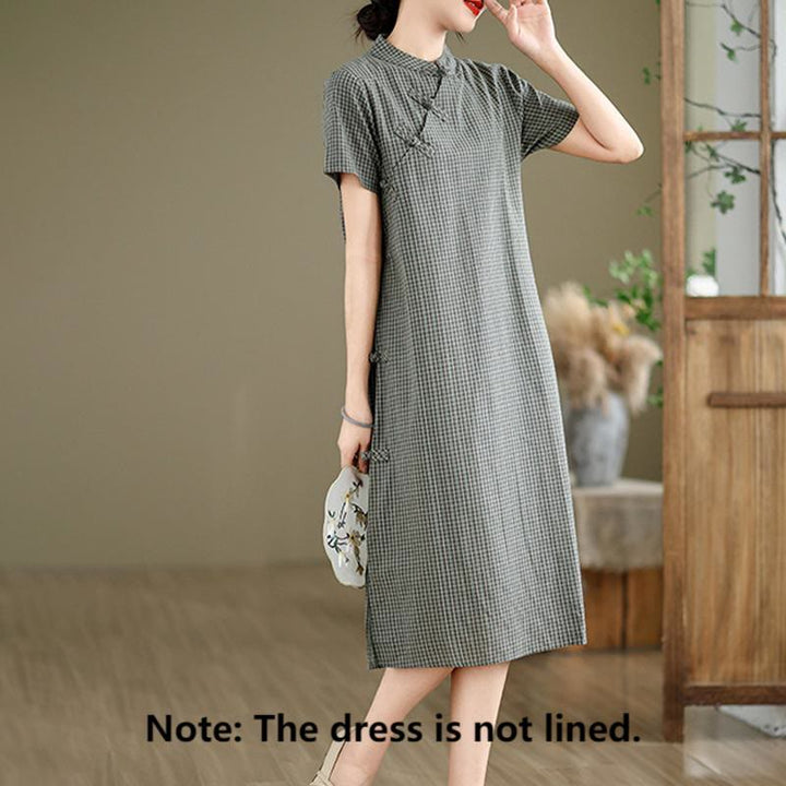 Buddha Stones Plaid Short Sleeve Frog-Button Design Cotton Linen Improved Cheongsam Midi Dress - image 11