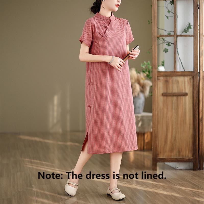 Buddha Stones Plaid Short Sleeve Frog-Button Design Cotton Linen Improved Cheongsam Midi Dress - image 2