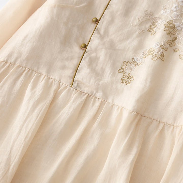 Buddha Stones Embroidery Buttons Design Long Sleeve Cotton Linen Midi Dress With Pockets - image 5