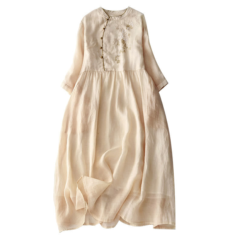 Buddha Stones Embroidery Buttons Design Long Sleeve Cotton Linen Midi Dress With Pockets - image 15