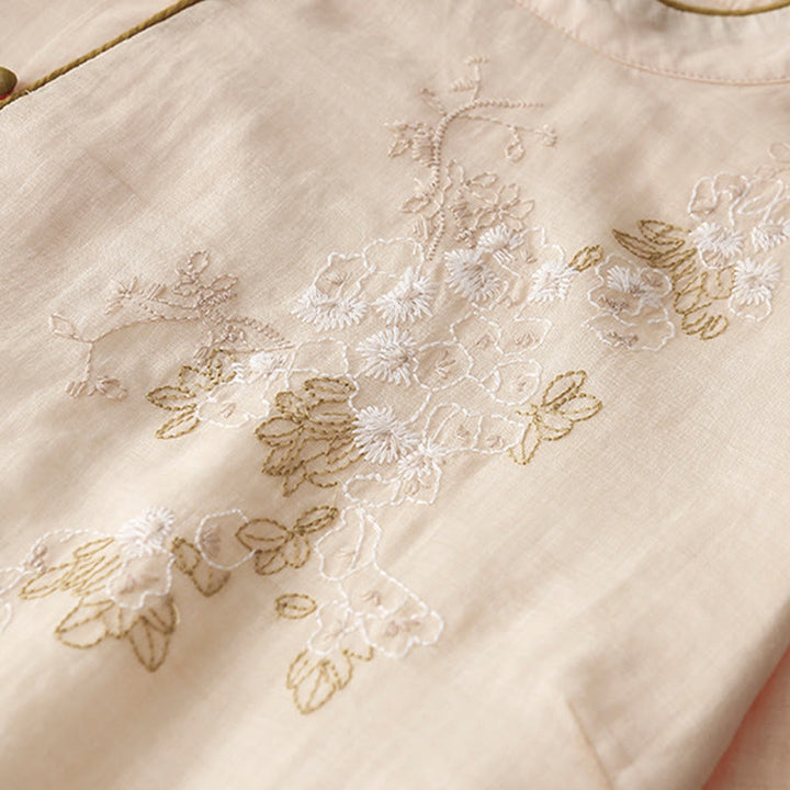 Buddha Stones Embroidery Buttons Design Long Sleeve Cotton Linen Midi Dress With Pockets - image 7