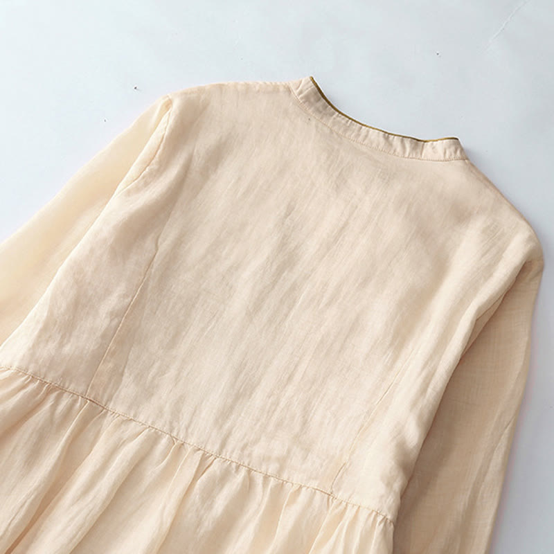 Buddha Stones Embroidery Buttons Design Long Sleeve Cotton Linen Midi Dress With Pockets - image 4