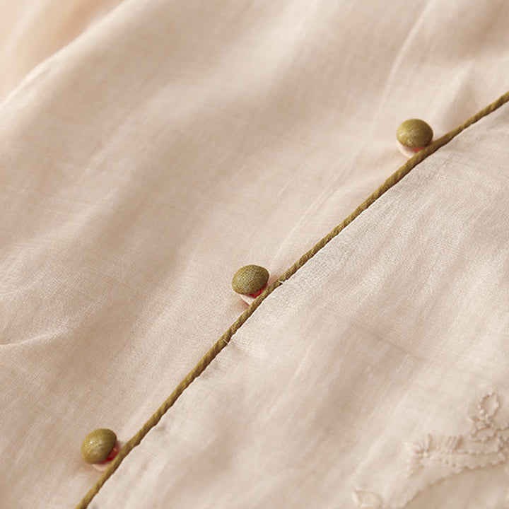 Buddha Stones Embroidery Buttons Design Long Sleeve Cotton Linen Midi Dress With Pockets - image 6